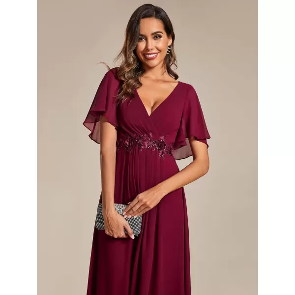 EverPretty Womens A Line V Neck Pleated Applique Pleated Tea Length Wedding Guest Dresses 02093Burgundy