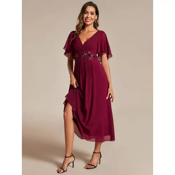 EverPretty Womens A Line V Neck Pleated Applique Pleated Tea Length Wedding Guest Dresses 02093Burgundy