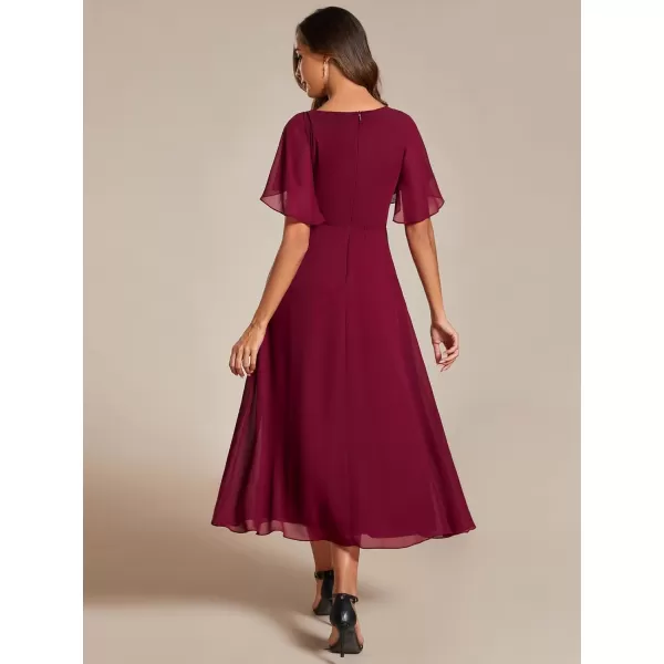 EverPretty Womens A Line V Neck Pleated Applique Pleated Tea Length Wedding Guest Dresses 02093Burgundy