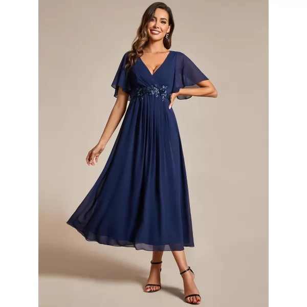 EverPretty Womens A Line V Neck Pleated Applique Pleated Tea Length Wedding Guest Dresses 02093Navy Blue