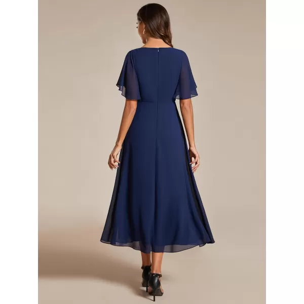 EverPretty Womens A Line V Neck Pleated Applique Pleated Tea Length Wedding Guest Dresses 02093Navy Blue