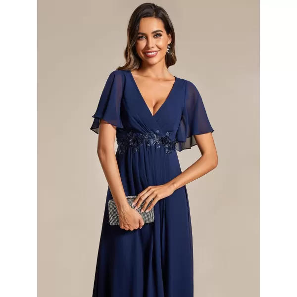 EverPretty Womens A Line V Neck Pleated Applique Pleated Tea Length Wedding Guest Dresses 02093Navy Blue