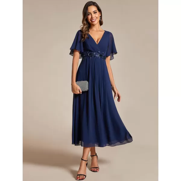 EverPretty Womens A Line V Neck Pleated Applique Pleated Tea Length Wedding Guest Dresses 02093Navy Blue