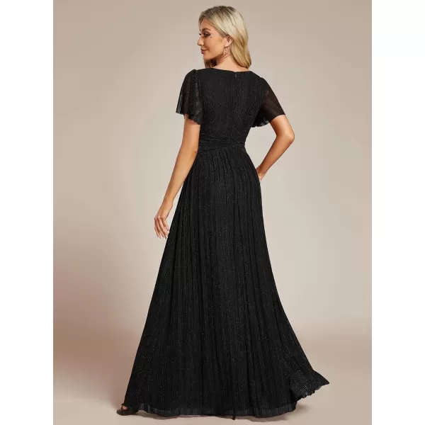 EverPretty Womens A Line V Neck Pleated Short Sleeves Maxi Evening Dresses 11961Black