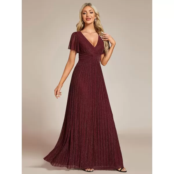 EverPretty Womens A Line V Neck Pleated Short Sleeves Maxi Evening Dresses 11961Burgundy