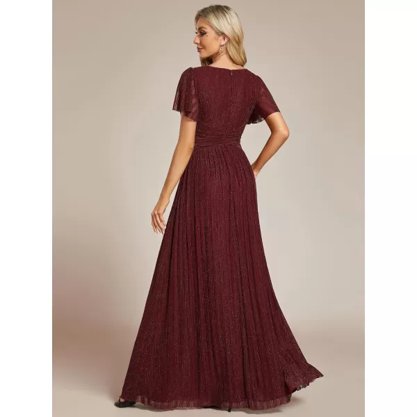 EverPretty Womens A Line V Neck Pleated Short Sleeves Maxi Evening Dresses 11961Burgundy