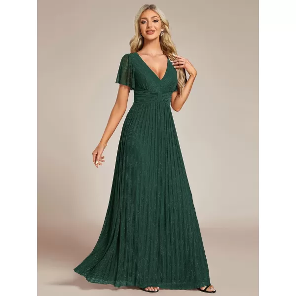 EverPretty Womens A Line V Neck Pleated Short Sleeves Maxi Evening Dresses 11961Dark Green