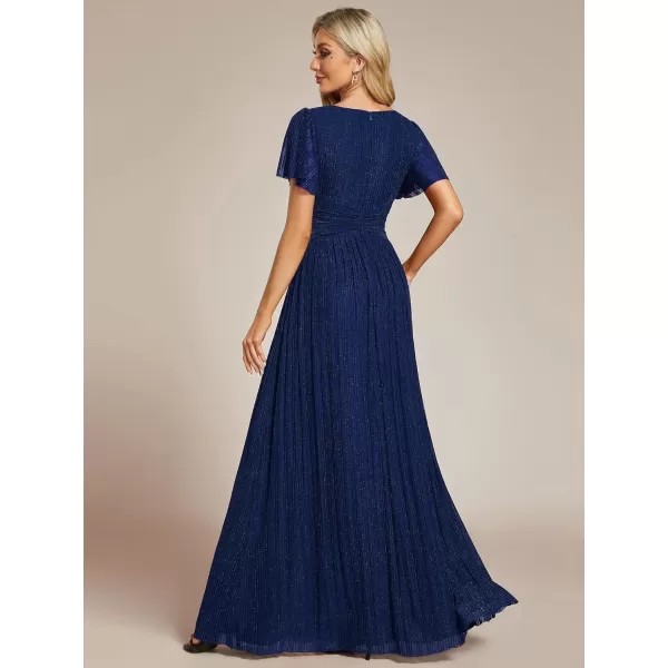 EverPretty Womens A Line V Neck Pleated Short Sleeves Maxi Evening Dresses 11961Navy Blue