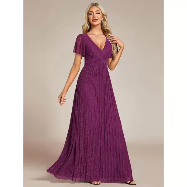 EverPretty Womens A Line V Neck Pleated Short Sleeves Maxi Evening Dresses 11961Purple Wisteria