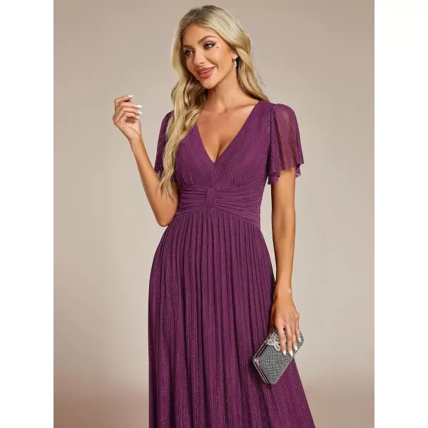 EverPretty Womens A Line V Neck Pleated Short Sleeves Maxi Evening Dresses 11961Purple Wisteria