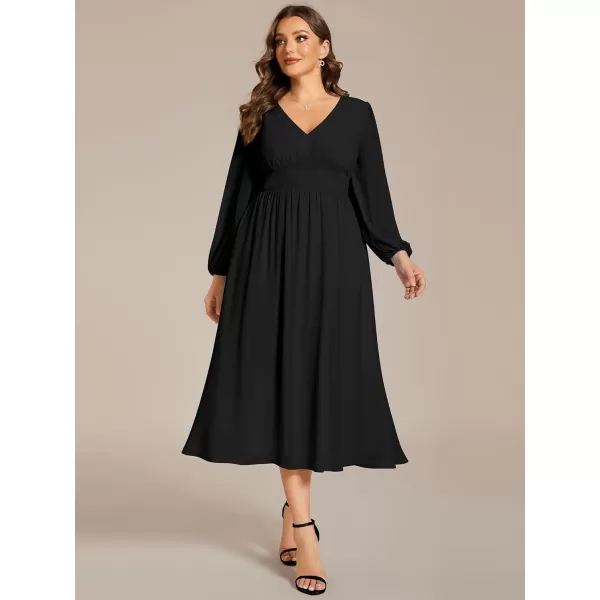 EverPretty Womens A Line V Neck Plus Size Lantern Sleeves Midi Wedding Guest Dresses 01929DABlack