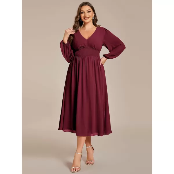 EverPretty Womens A Line V Neck Plus Size Lantern Sleeves Midi Wedding Guest Dresses 01929DABurgundy