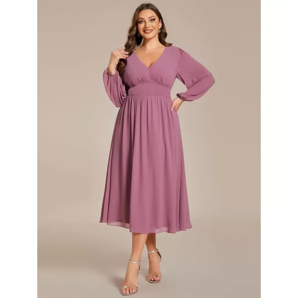 EverPretty Womens A Line V Neck Plus Size Lantern Sleeves Midi Wedding Guest Dresses 01929DAOrchid