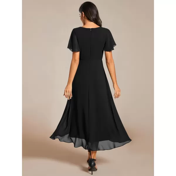 EverPretty Womens A Line V Neck Ruffle Sleeves Pleated High Low Formal Dresses 02084Black