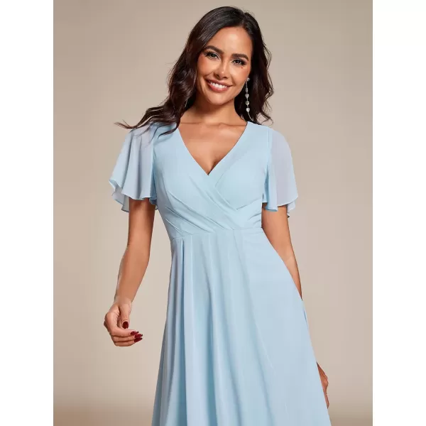 EverPretty Womens A Line V Neck Ruffle Sleeves Pleated High Low Formal Dresses 02084Blue