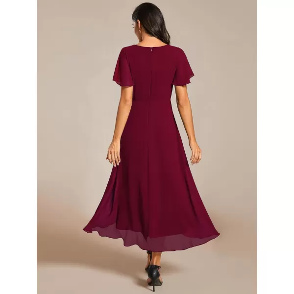 EverPretty Womens A Line V Neck Ruffle Sleeves Pleated High Low Formal Dresses 02084Burgundy