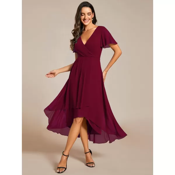 EverPretty Womens A Line V Neck Ruffle Sleeves Pleated High Low Formal Dresses 02084Burgundy