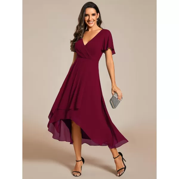 EverPretty Womens A Line V Neck Ruffle Sleeves Pleated High Low Formal Dresses 02084Burgundy