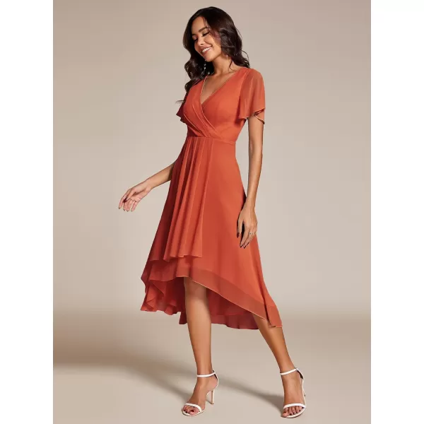 EverPretty Womens A Line V Neck Ruffle Sleeves Pleated High Low Formal Dresses 02084Burnt Orange