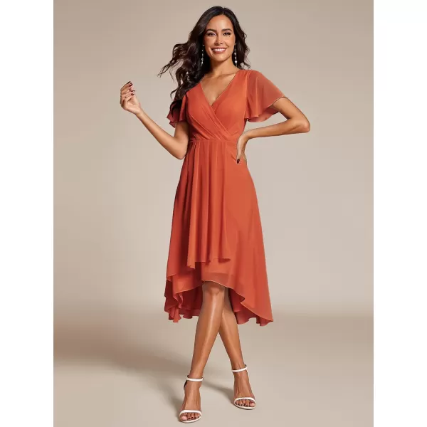 EverPretty Womens A Line V Neck Ruffle Sleeves Pleated High Low Formal Dresses 02084Burnt Orange