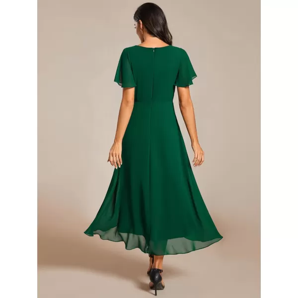 EverPretty Womens A Line V Neck Ruffle Sleeves Pleated High Low Formal Dresses 02084Dark Green