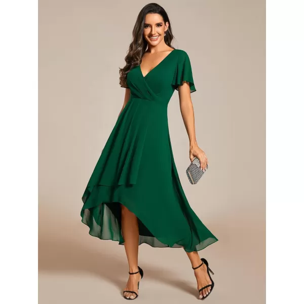 EverPretty Womens A Line V Neck Ruffle Sleeves Pleated High Low Formal Dresses 02084Dark Green