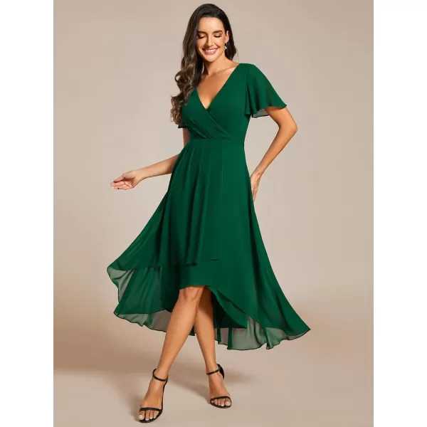 EverPretty Womens A Line V Neck Ruffle Sleeves Pleated High Low Formal Dresses 02084Dark Green