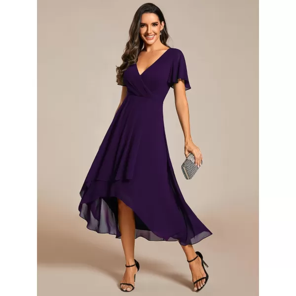 EverPretty Womens A Line V Neck Ruffle Sleeves Pleated High Low Formal Dresses 02084Deep Purple