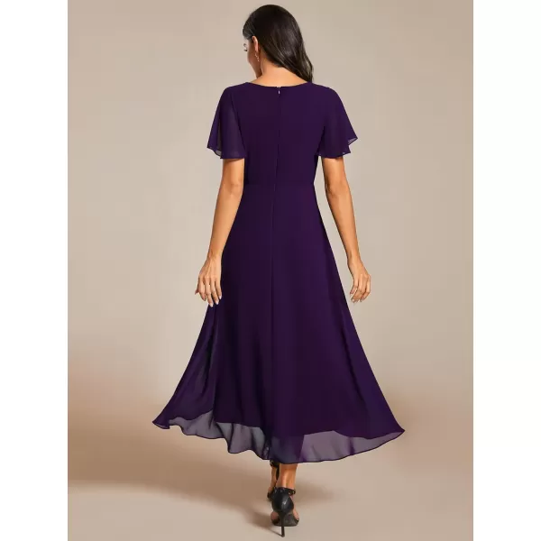 EverPretty Womens A Line V Neck Ruffle Sleeves Pleated High Low Formal Dresses 02084Deep Purple