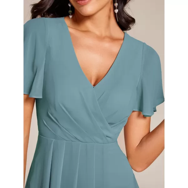 EverPretty Womens A Line V Neck Ruffle Sleeves Pleated High Low Formal Dresses 02084Dusty Blue