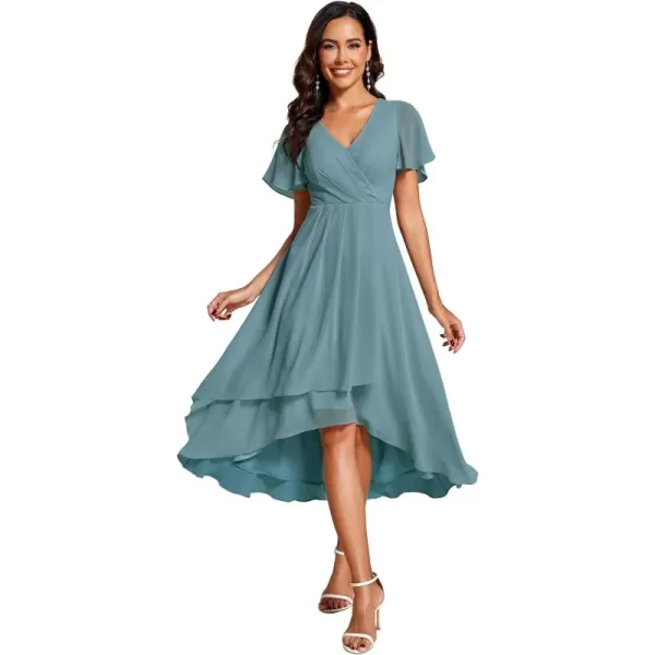 EverPretty Womens A Line V Neck Ruffle Sleeves Pleated High Low Formal Dresses 02084Dusty Blue