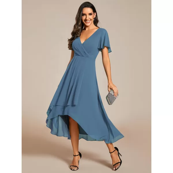 EverPretty Womens A Line V Neck Ruffle Sleeves Pleated High Low Formal Dresses 02084Dusty Navy