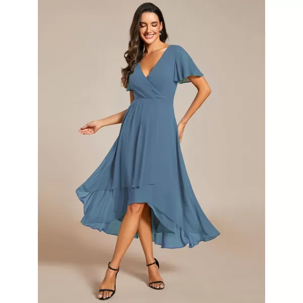 EverPretty Womens A Line V Neck Ruffle Sleeves Pleated High Low Formal Dresses 02084Dusty Navy