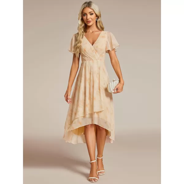 EverPretty Womens A Line V Neck Ruffle Sleeves Pleated High Low Formal Dresses 02084Golden Roses