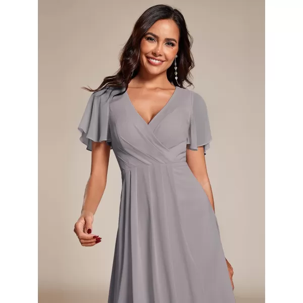 EverPretty Womens A Line V Neck Ruffle Sleeves Pleated High Low Formal Dresses 02084Grey