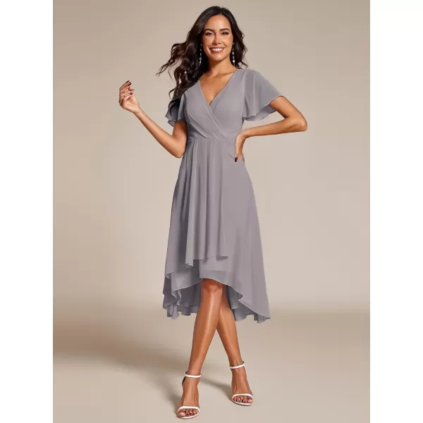 EverPretty Womens A Line V Neck Ruffle Sleeves Pleated High Low Formal Dresses 02084Grey