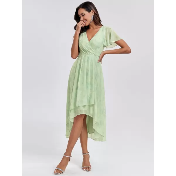EverPretty Womens A Line V Neck Ruffle Sleeves Pleated High Low Formal Dresses 02084Light Green Roses