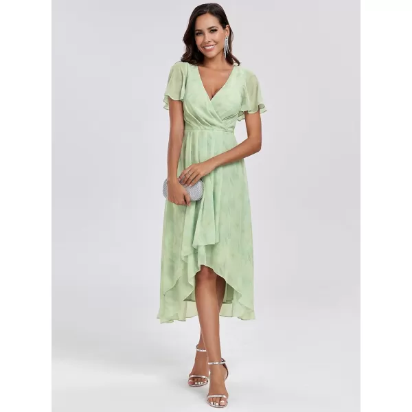 EverPretty Womens A Line V Neck Ruffle Sleeves Pleated High Low Formal Dresses 02084Light Green Roses