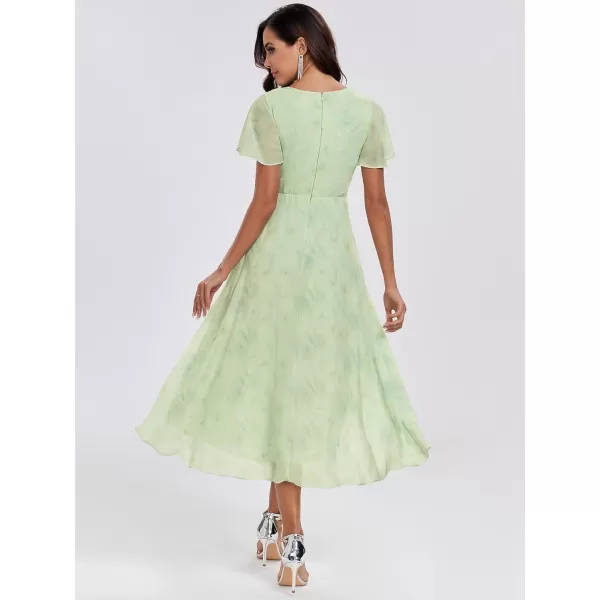 EverPretty Womens A Line V Neck Ruffle Sleeves Pleated High Low Formal Dresses 02084Light Green Roses