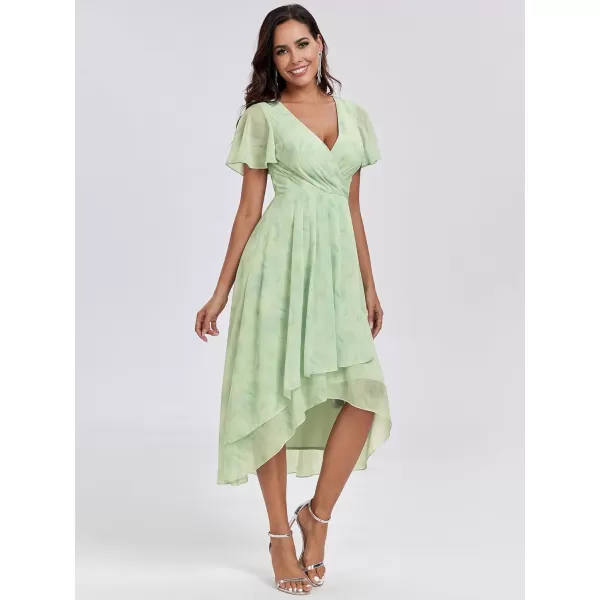 EverPretty Womens A Line V Neck Ruffle Sleeves Pleated High Low Formal Dresses 02084Light Green Roses