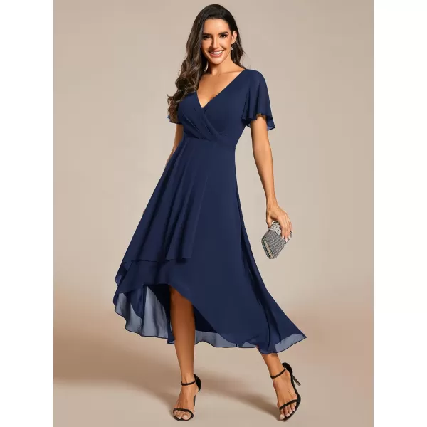 EverPretty Womens A Line V Neck Ruffle Sleeves Pleated High Low Formal Dresses 02084Navy Blue