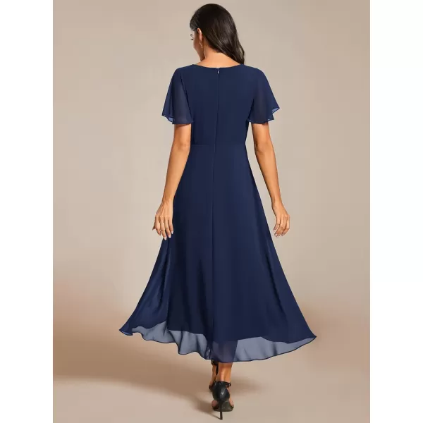 EverPretty Womens A Line V Neck Ruffle Sleeves Pleated High Low Formal Dresses 02084Navy Blue