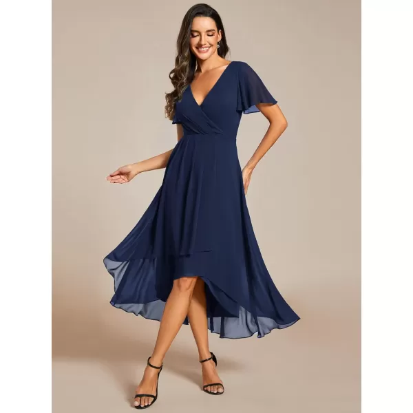 EverPretty Womens A Line V Neck Ruffle Sleeves Pleated High Low Formal Dresses 02084Navy Blue