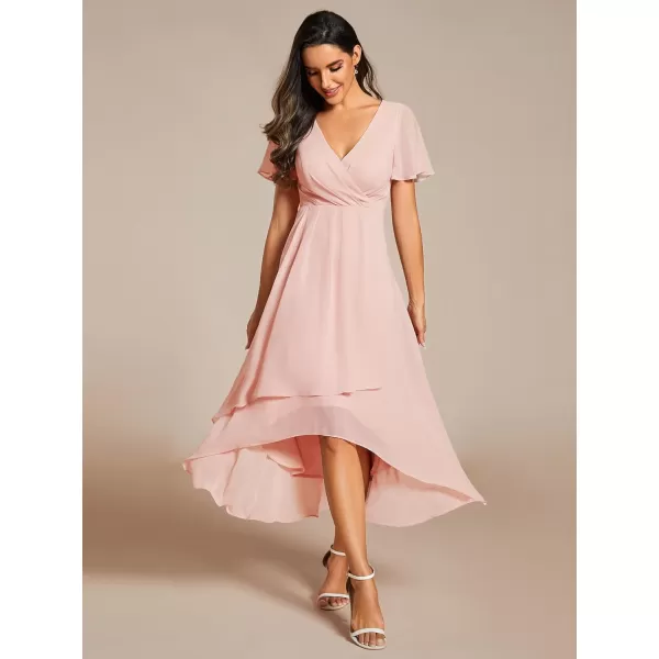 EverPretty Womens A Line V Neck Ruffle Sleeves Pleated High Low Formal Dresses 02084Pink