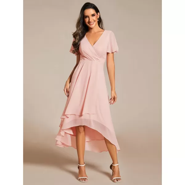 EverPretty Womens A Line V Neck Ruffle Sleeves Pleated High Low Formal Dresses 02084Pink