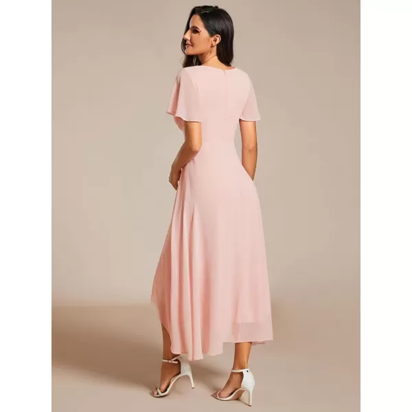 EverPretty Womens A Line V Neck Ruffle Sleeves Pleated High Low Formal Dresses 02084Pink