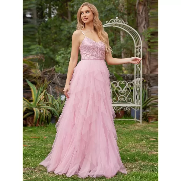 EverPretty Womens A Line V Neck Sequin Sleeveless Long Wedding Dress 02019Pink