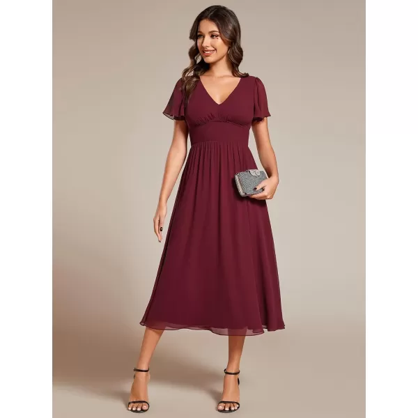EverPretty Womens A Line V Neck Short Sleeves Pleated Midi Wedding Guest Dresses 02155Burgundy