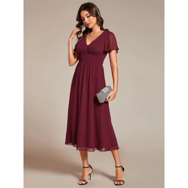 EverPretty Womens A Line V Neck Short Sleeves Pleated Midi Wedding Guest Dresses 02155Burgundy