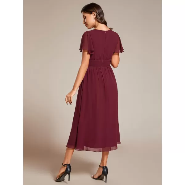 EverPretty Womens A Line V Neck Short Sleeves Pleated Midi Wedding Guest Dresses 02155Burgundy